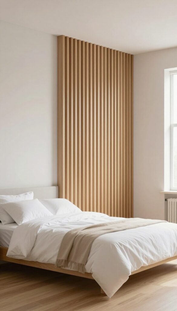 Small bedroom with wood slat accent wall behind bed, neutral decor, bright natural light