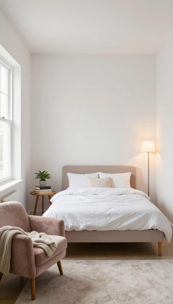 Cozy reading nook in a corner of a small square bedroom with armchair, floor lamp, and side table