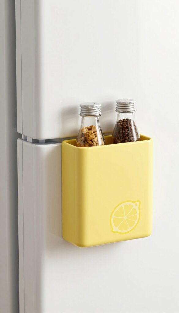Magnetic spice tin with lemon art attached to fridge door in bright kitchen