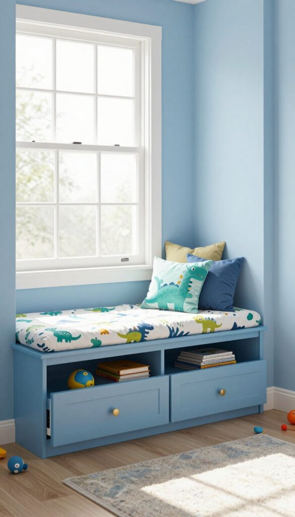 Window seat with hidden storage in a boy's bedroom, featuring a patterned cushion and natural light