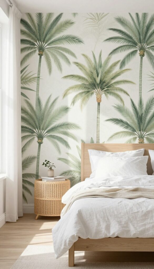 A serene bedroom with large-scale palm leaf wallpaper in soft greens, white bedding, and natural wood furniture.