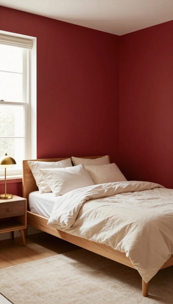 Bright bedroom with a deep crimson accent wall behind a light wood bed, cream bedding, and brass lamp