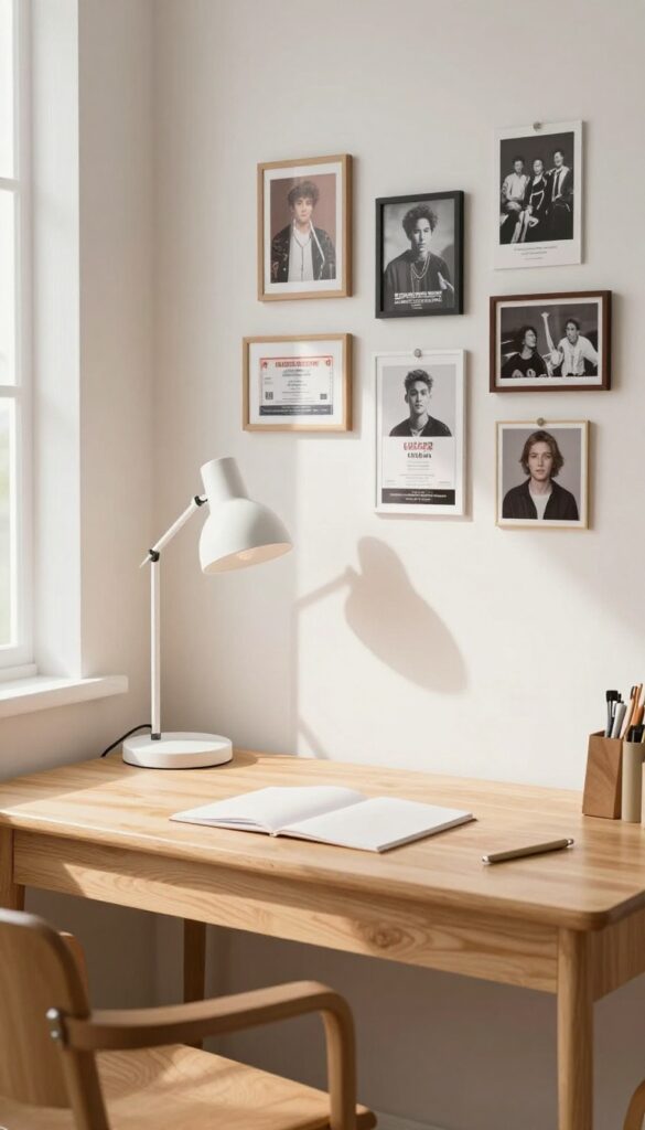 A teen boy's bedroom desk with a gallery wall above, featuring framed concert tickets, prints, and photos in a clean, bright setting.
