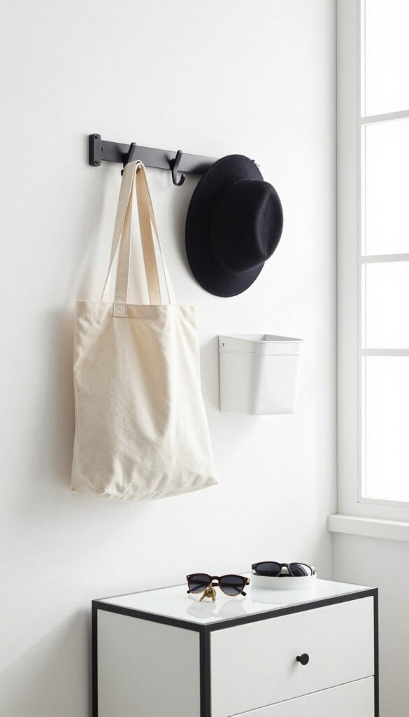 Wall-mounted rail with hooks and bins in a small bedroom