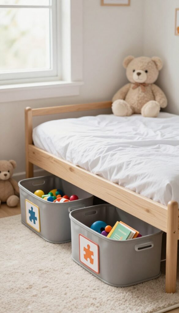 Under-bed storage bins with toy and book icons in a bright kids' bedroom