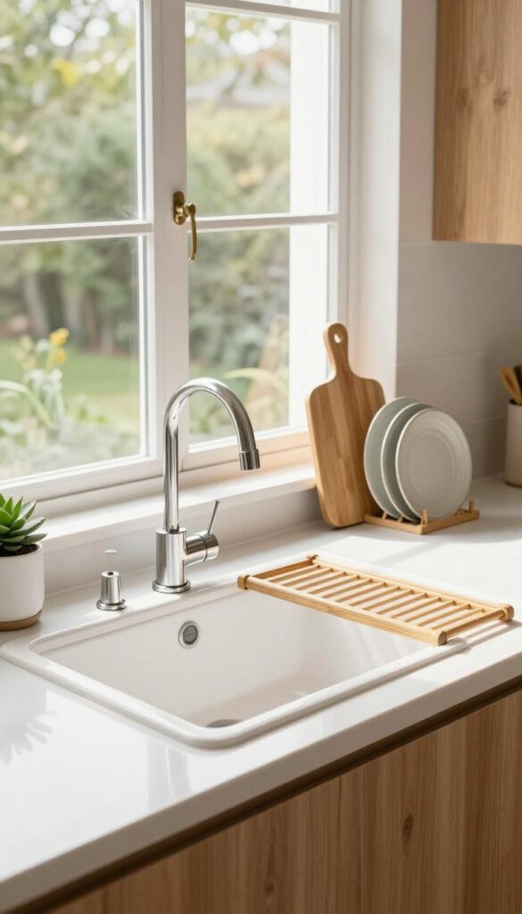 Over-the-sink bamboo dish drying rack in a bright kitchen with natural light, clean counters, and a succulent.