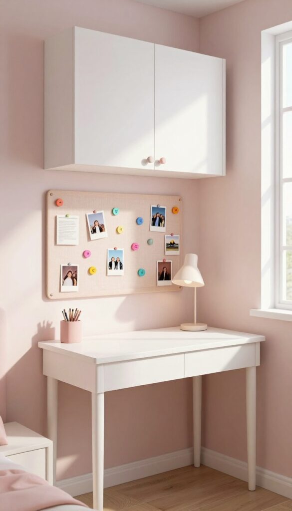 Corner desk with overhead cabinets and a fabric pin board in a teen girl's bedroom