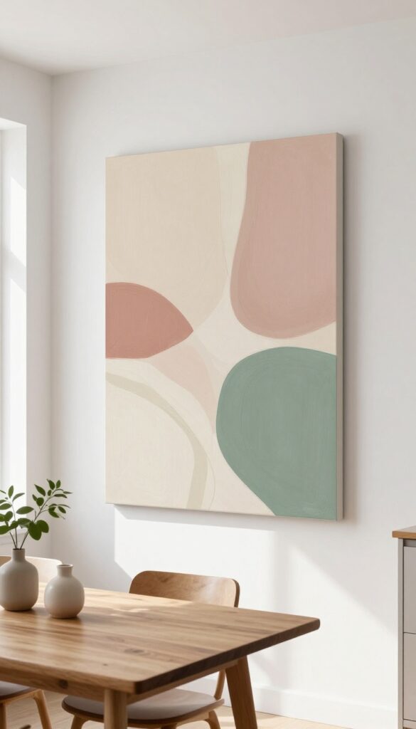 A single large abstract canvas in muted earthy tones hanging on a white kitchen wall, with natural light and a simple table below.