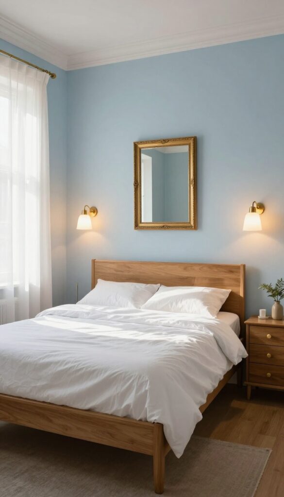 Bright blue bedroom with brass and gold accents, warm lighting, and natural sunlight.