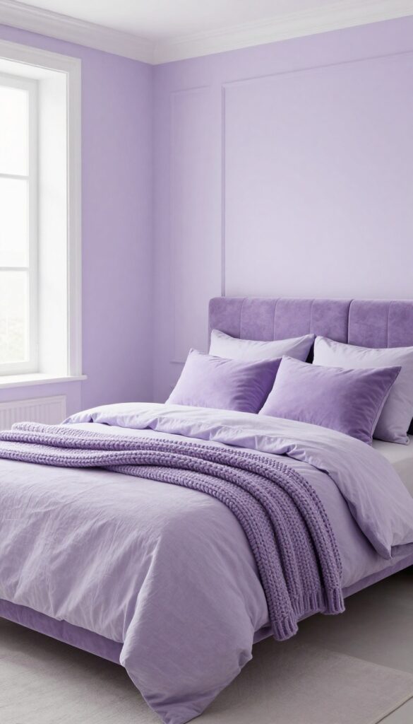 Monochrome lavender bedroom with velvet headboard and pillows, soft natural light