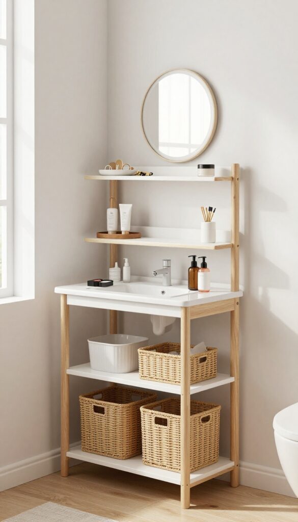 Over-the-toilet shelf vanity in a bedroom corner with mirror and baskets