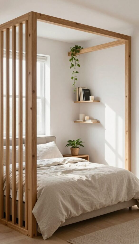 Bright apartment with slatted wood room divider separating bed and living area, natural light filtering through