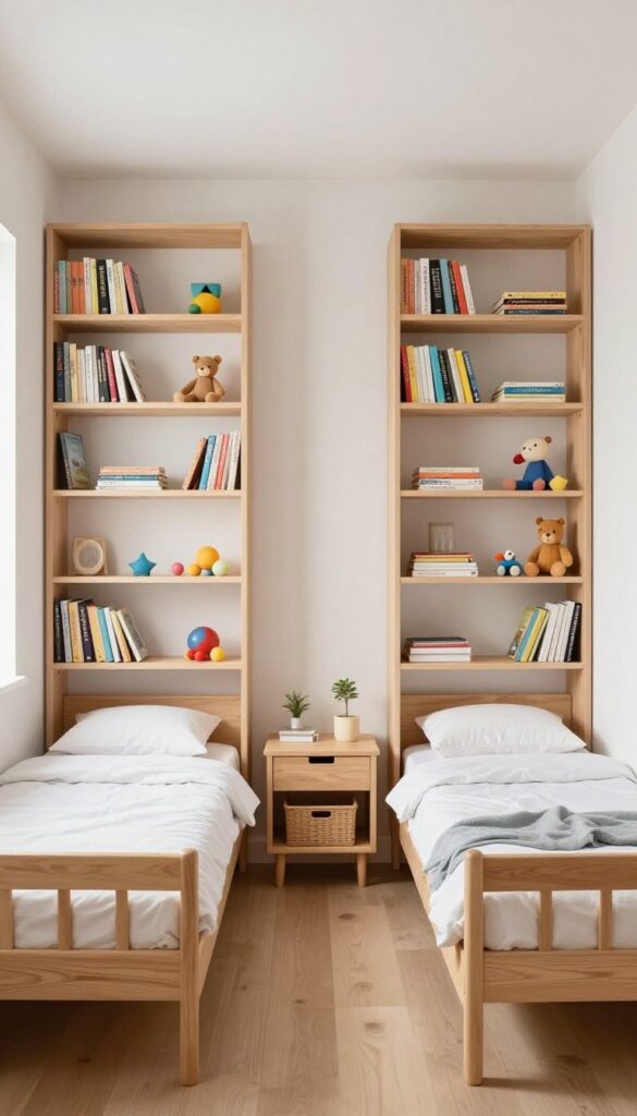 Two twin beds on opposite walls with a tall vertical bookshelf between them, serving as a storage tower and room divider in a bright small bedroom.