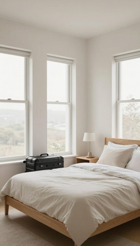Guest bedroom with a wooden luggage rack holding a suitcase at the foot of the bed, bright natural light, cozy and tidy atmosphere.