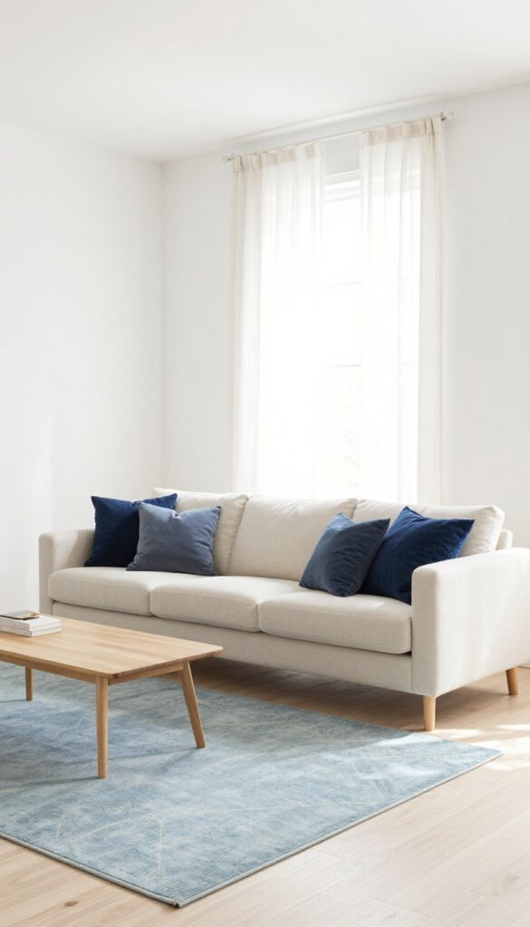 Light blue patterned rug in a bright living room with white walls, beige sofa, and light wood floors.