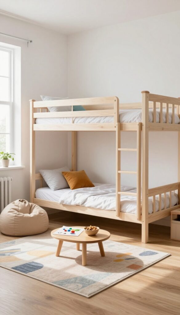 Twin-over-full bunk bed with a lounge area featuring beanbag, floor cushion, and low table in a bright kids' bedroom.