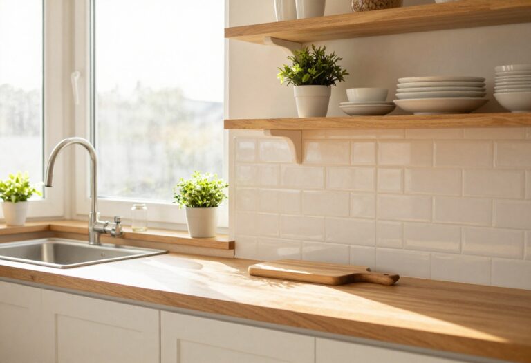 Cozy kitchen with open shelving, plants, and natural light