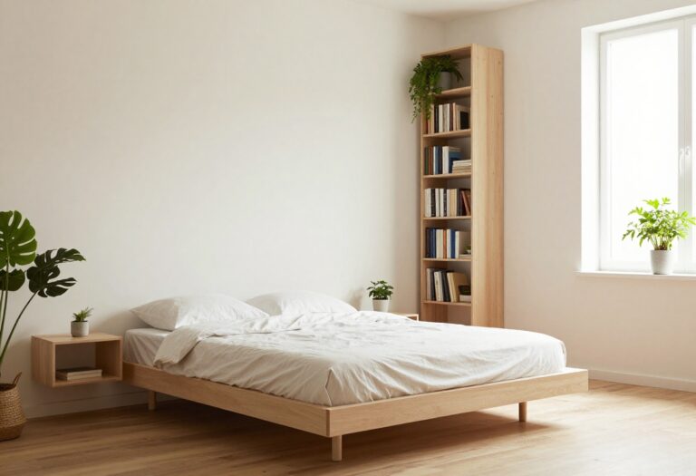 A small bedroom with a low platform bed, floating shelves, and a tall bookshelf, decorated in light neutral tones with plants.