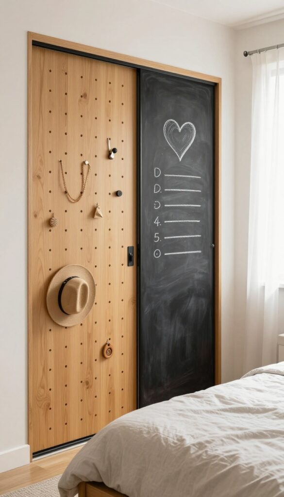 Small bedroom with sliding wardrobe doors, one chalkboard and one pegboard, holding accessories and decor