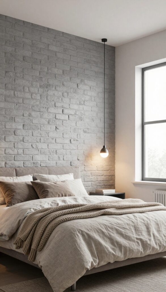 Modern bedroom with whitewashed faux brick accent wall, soft linen bedding, chunky knit throw, velvet pillows, and warm ambient lighting.