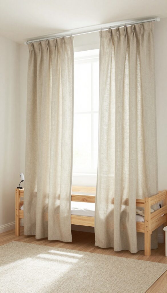 Bunk beds with floor-to-ceiling curtains creating private nooks in a bright, airy children's bedroom
