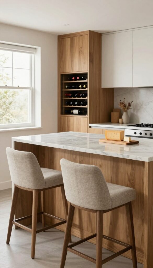 A kitchen island with marble top, built-in wine rack and mini fridge, cheese board, and bar stools, warm wood base, natural light.