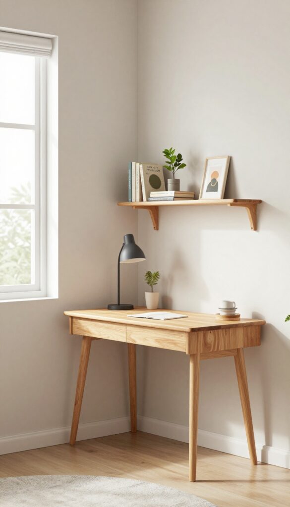 Wall-mounted desk with floating shelves in a boy's bedroom