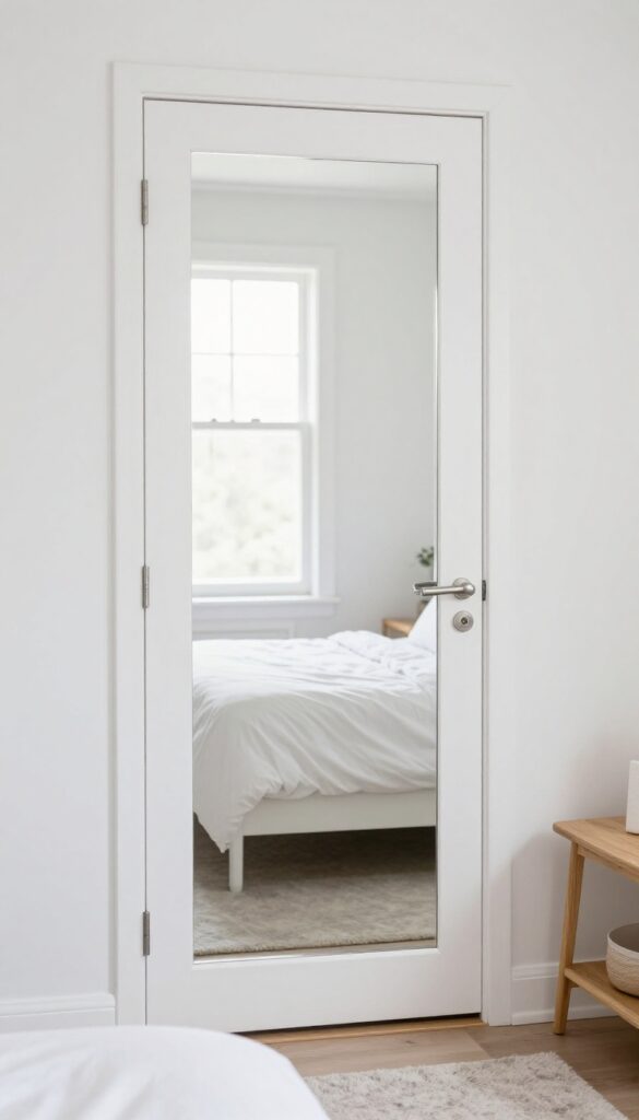 Full-length mirror on closet door in small bedroom