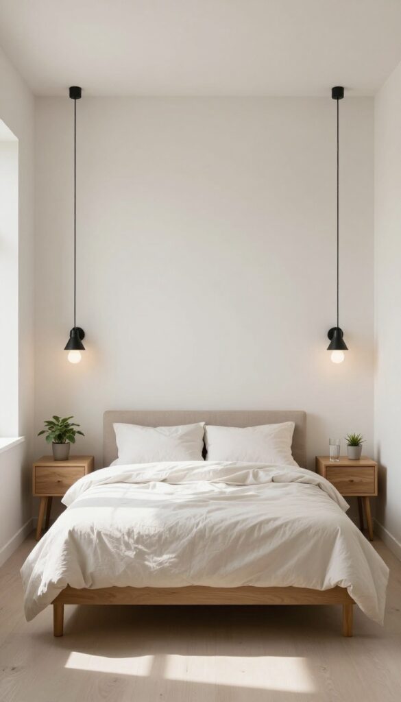 Small bedroom with wall-mounted sconces and minimal nightstand decor