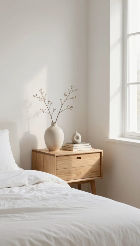 Minimalist bedroom nightstand with three decorative accessories: vase, books, and sculpture