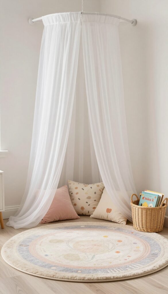 Cozy canopy reading nook in a toddler girl's bedroom with sheer curtains, plush rug, and pillows.