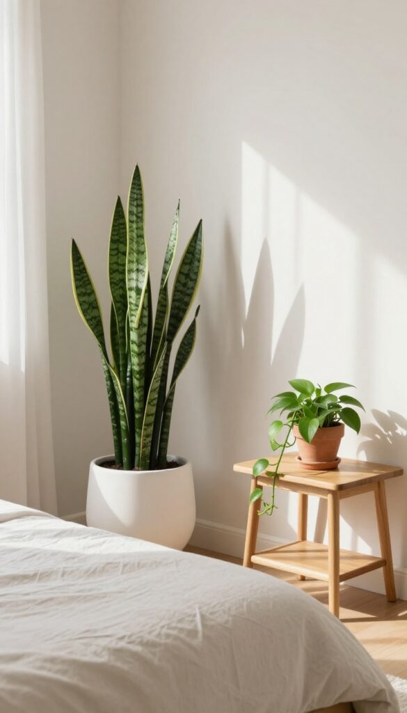 Neutral guest bedroom with low-maintenance plants, snake plant in corner and pothos on nightstand, bright natural light