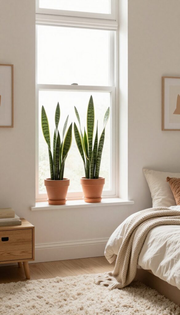 Cozy kids bedroom with a potted snake plant on the windowsill, warm natural light, soft textures, neutral colors.