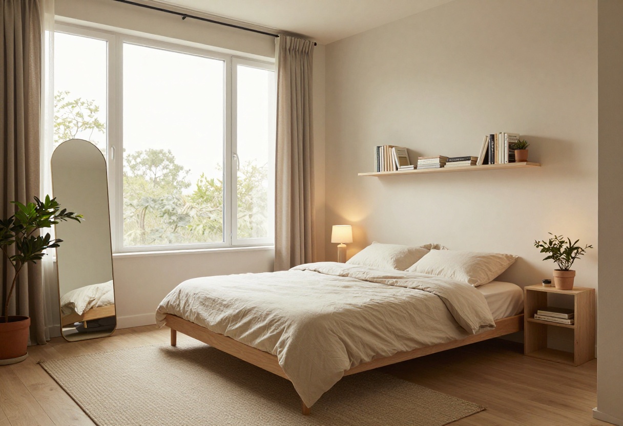 Cozy small bedroom with layered bedding, floating shelves, and a large mirror, showcasing warm neutral tones and soft lighting.
