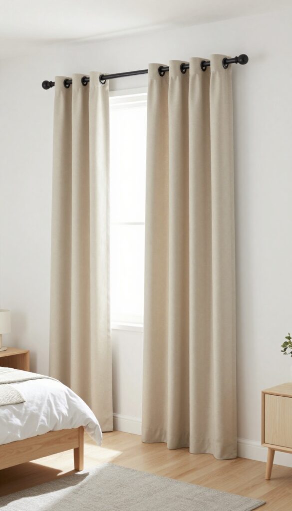 Boy's bedroom with neutral blackout curtains and modern decor