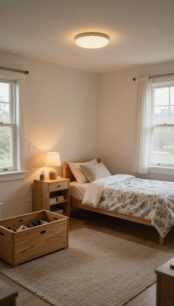 Boy's bedroom with soft layered lighting including a dimmable overhead light, nightlight, and warm table lamp creating a calm evening atmosphere.