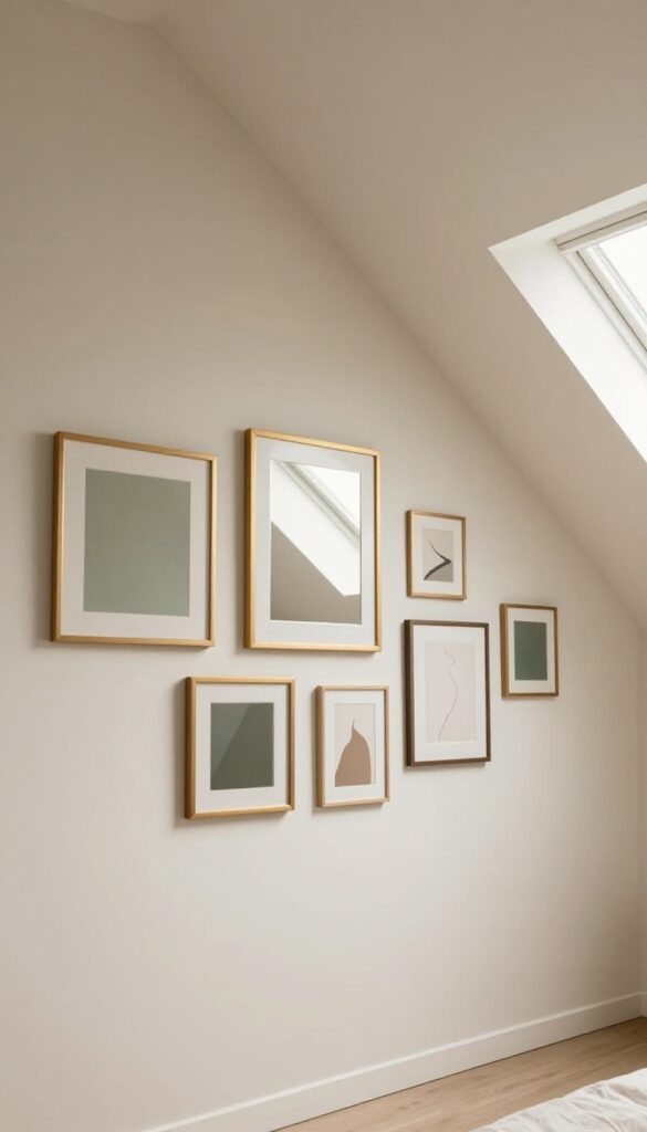 Attic bedroom with a gallery wall arranged along the sloping ceiling, featuring thrifted frames and art in warm neutrals.