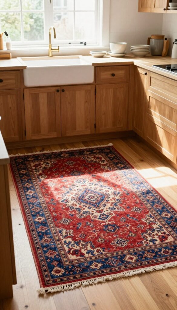 A vintage-style rug in a warm kitchen with wooden cabinets and natural light