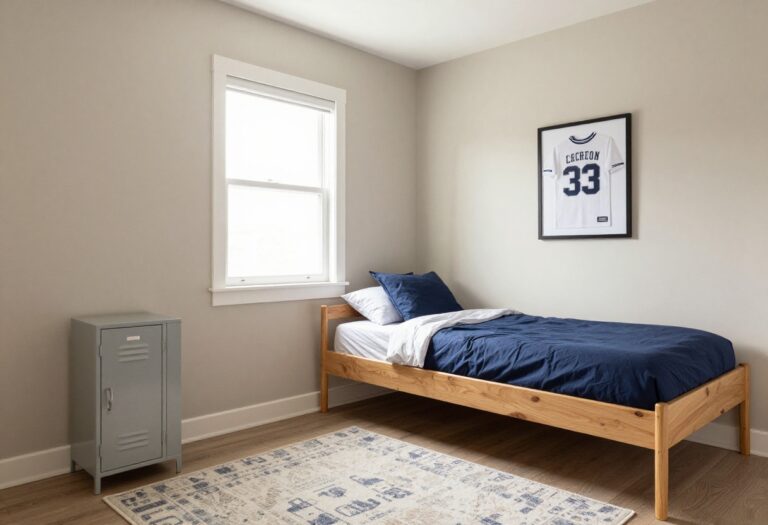 Cozy sports themed boy's bedroom with neutral walls, navy bedding, framed jersey, and metal locker