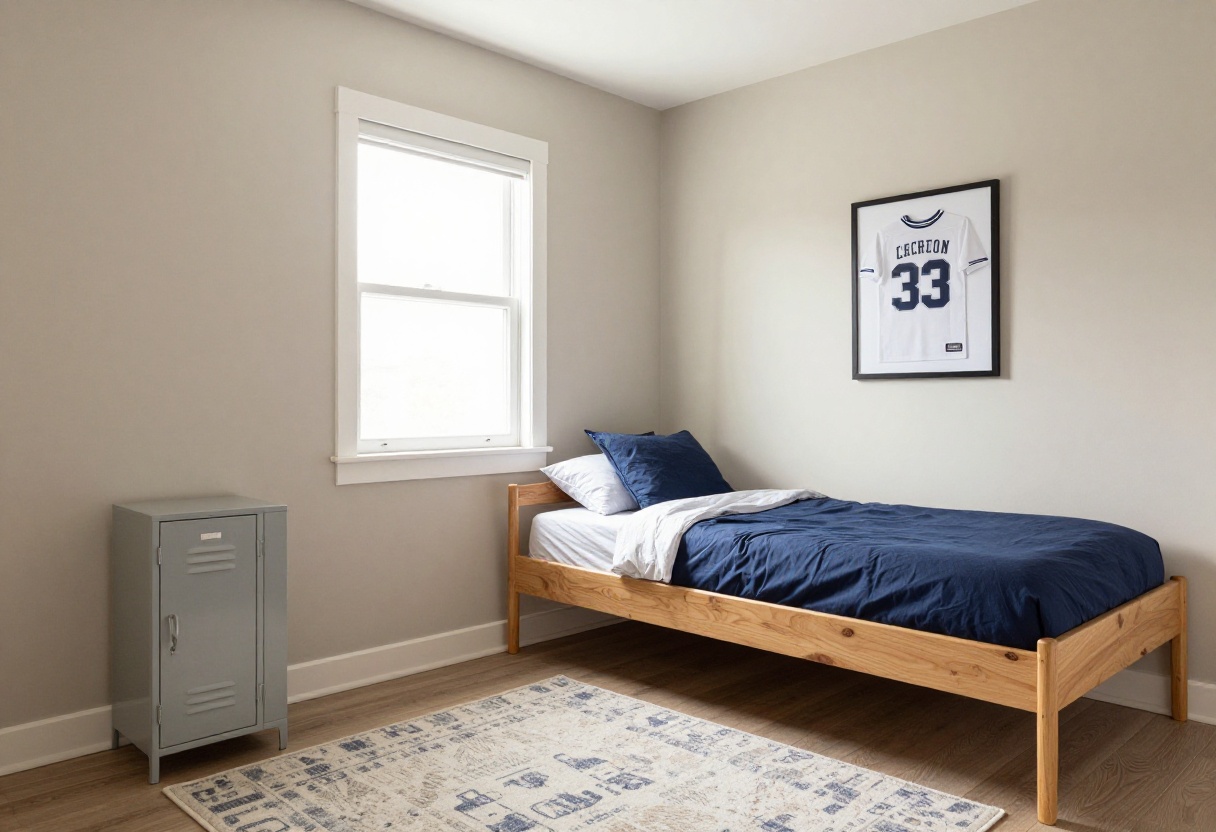 Cozy sports themed boy's bedroom with neutral walls, navy bedding, framed jersey, and metal locker