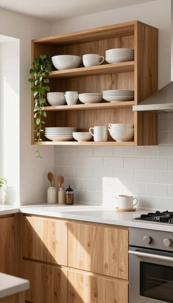 Open wooden shelves with dishes and plant against a gray subway tile backsplash in a bright kitchen