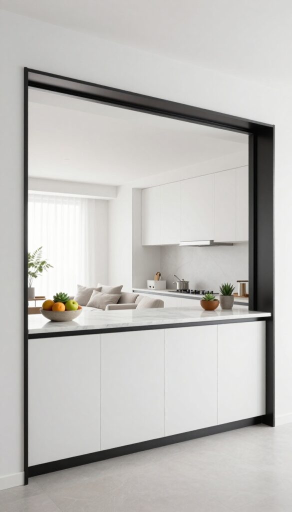 Modern kitchen with a slim horizontal slot pass-through, framed in matte black, with a plant and fruit bowl on the counter, connecting to a living room.