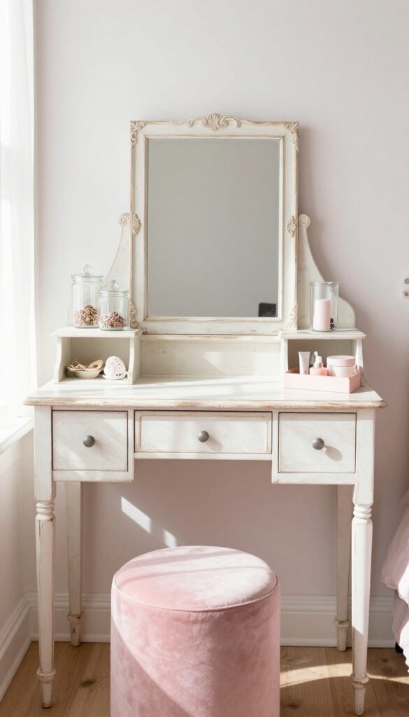Vintage vanity with mirror and pink velvet stool in a bright girl's bedroom