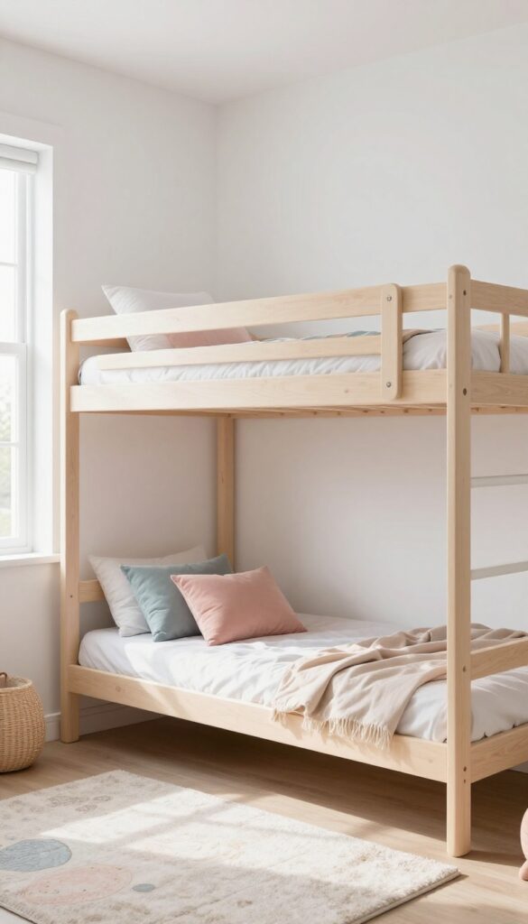 L-shaped bunk bed in a corner with a reading nook underneath, bright natural light, pastel colors, photorealistic interior design photography