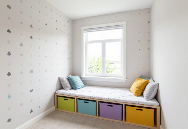 Kids bedroom with geometric wallpaper and built-in storage shelves and window seat