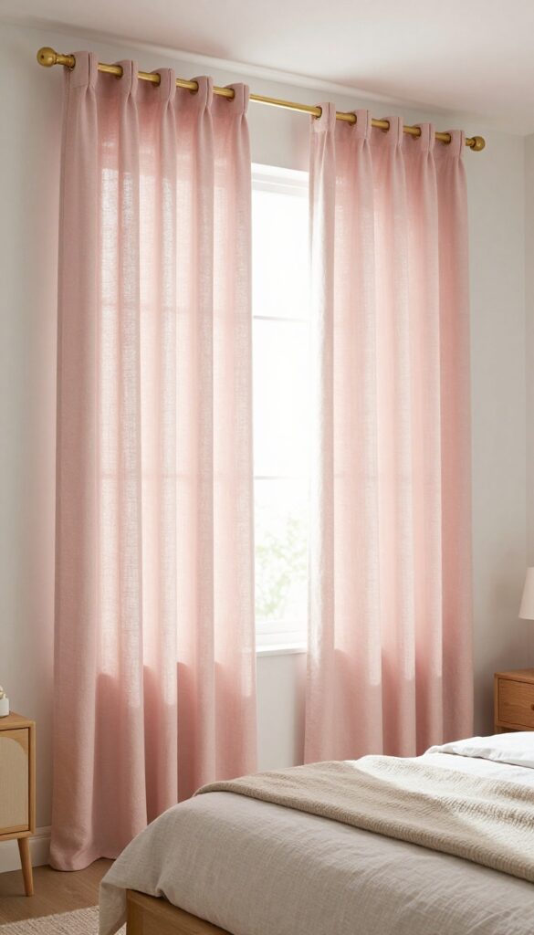 Girl's bedroom with curtains hung high and wide, making the room feel taller and more spacious.
