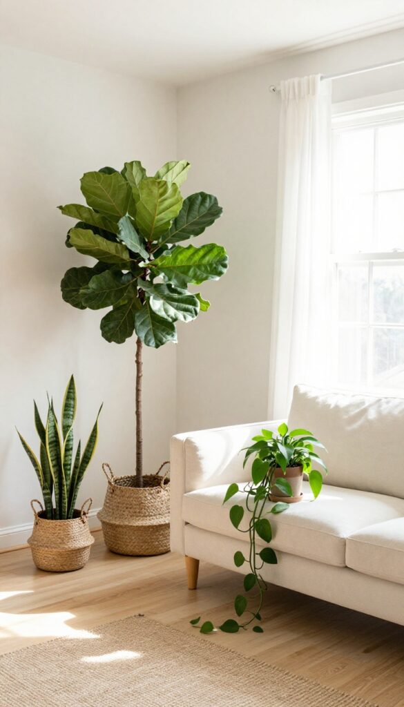 Cream couch with greenery, tall fiddle leaf fig and potted plants adding life and contrast to a neutral living room.
