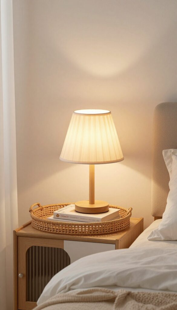 Girls bedroom with a statement lamp providing soft lighting on a bedside table