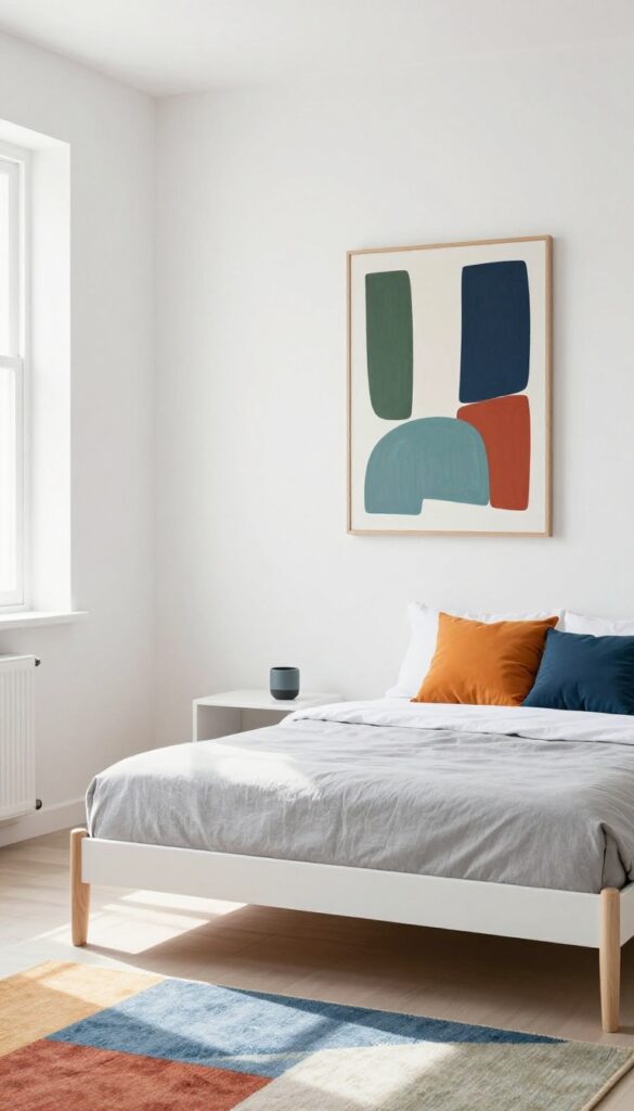 Modern boy's bedroom with neutral palette and colorful accents, bright rug and art, natural light