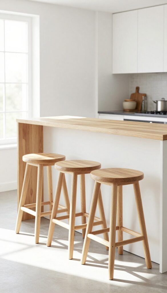 Modern kitchen with light wood breakfast bar and slim backless wooden bar stools tucked underneath, bright natural light, clean and airy.